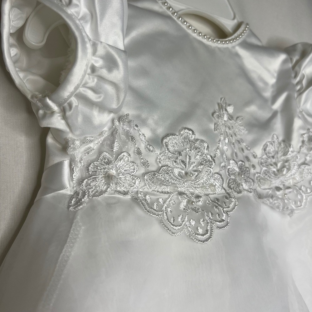 Baby Girl White‎ Satin Dress 9-12 Months Christening Baptism Formal Lace Pearls